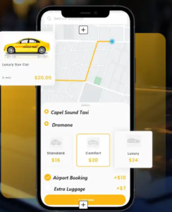 Taxi booking app showing pricing for different car options and services.